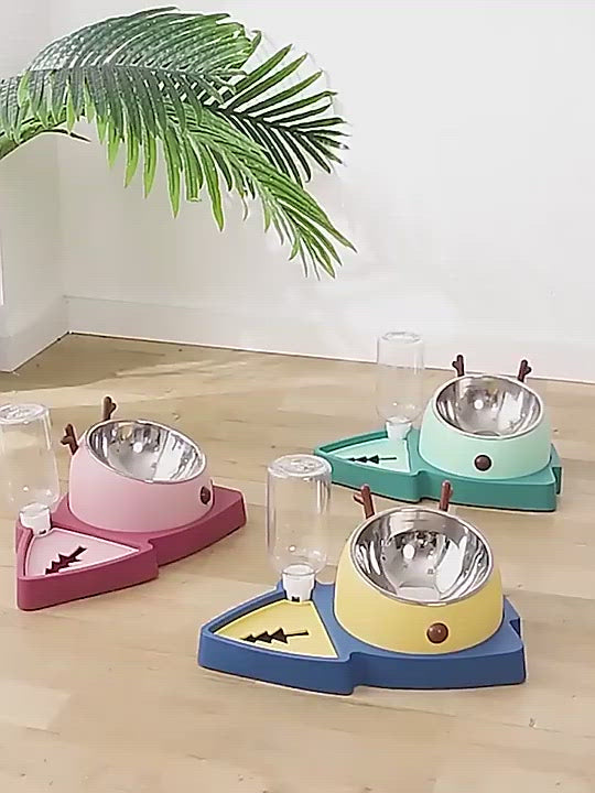 PAWS ASIA Wholesale Christmas Stainless Steel Tilted Dog And Cat Bowl With Bottle Slow Feeder
