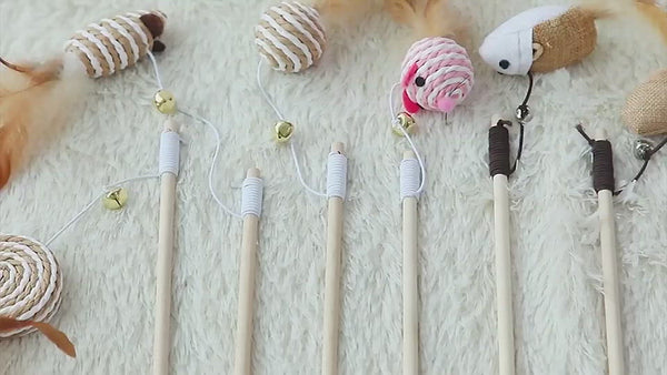 PAWS ASIA Factory Wood Interactive Teaser Feather Wand Mouse Cat Toy Stick With Bell