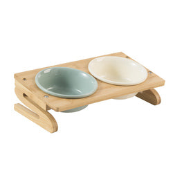PAWS ASIA Suppliers Luxury Eco Friendly Bamboo Stand Tilted Raised Double White Ceramic Dog Bowl