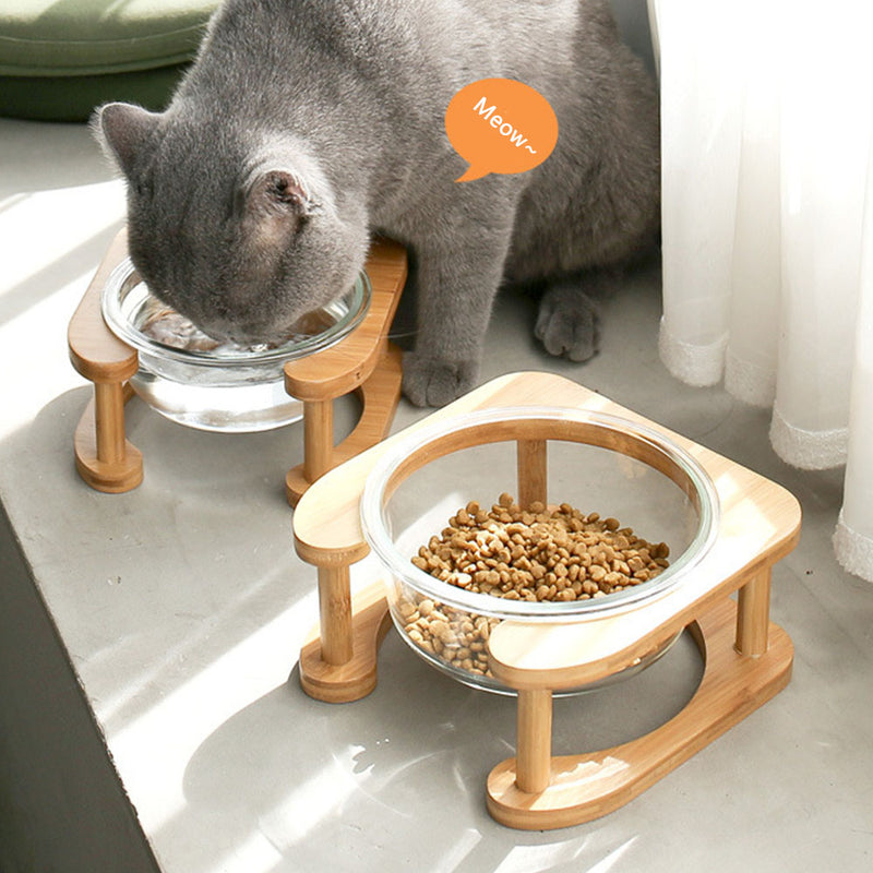 PAWS ASIA Factory Elevated Protect Cervical Clear Water Glass Dog Bowl With Bamboo Cat Feed