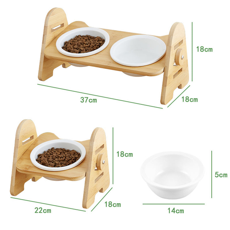 PAWS ASIA Factory New Raised 15 Degree Tilted Ceramic Adjustable Cat Bowl With Wood Stand