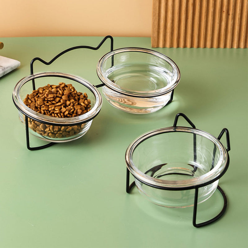 PAWS ASIA China Manufacturers Elevated Metal Stand Tilted Double Water And Food Cat Glass Bowl