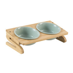 PAWS ASIA Suppliers Luxury Eco Friendly Bamboo Stand Tilted Raised Double White Ceramic Dog Bowl