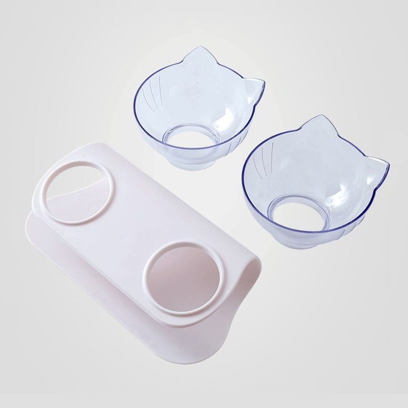 PAWS ASIA Suppliers Pet Transparent Raised 15 Degree Tilted Plastic Double Feeding Cat Bowl Dog