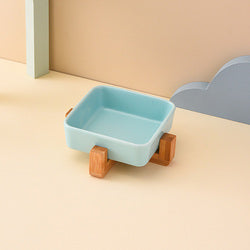 PAWS ASIA Factory Square Elevated Ceramic Pet Feeding Double Dog Cat Bowl With Wood Stand