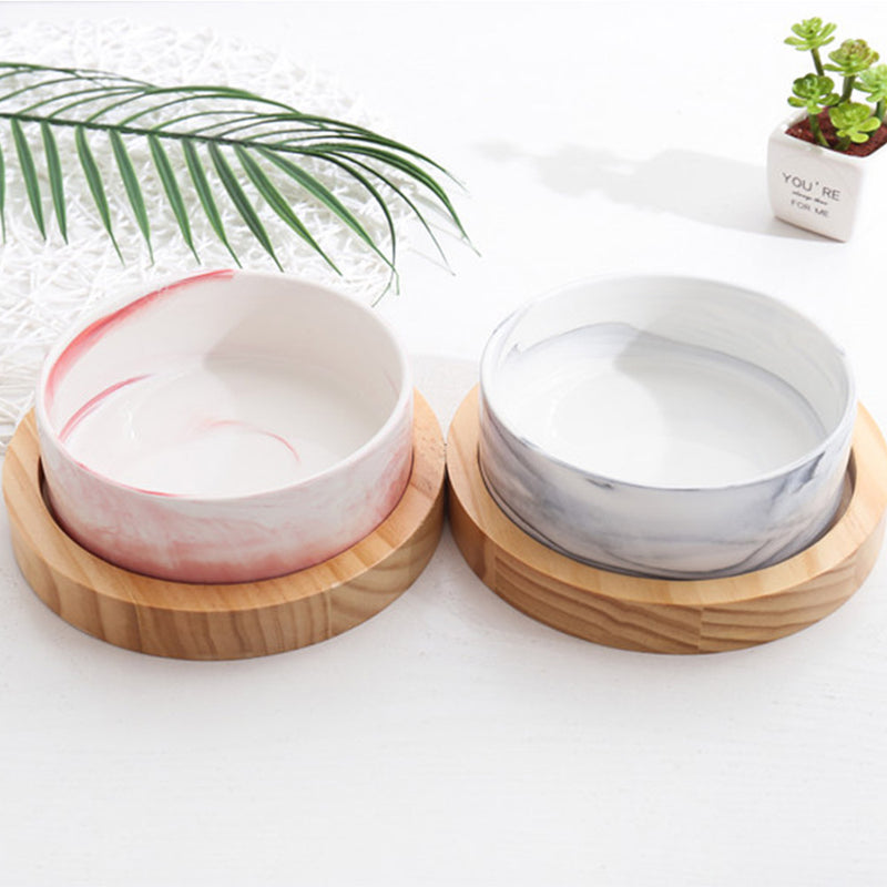 PAWS ASIA Wholesale Luxury White Glossy Ceramic Double Feeding Dog Cat Bowl With Wooden Base