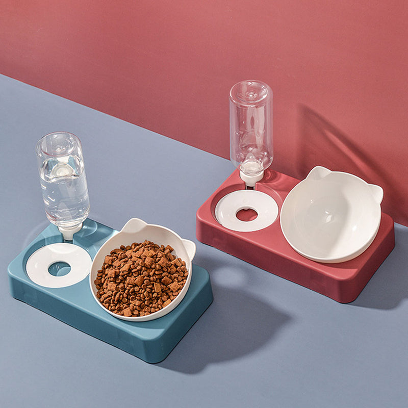 PAWS ASIA Manufacturers Adjustable 15 Degree Tilted 2 In 1 Feeding Bottle Cat Shape Bowl