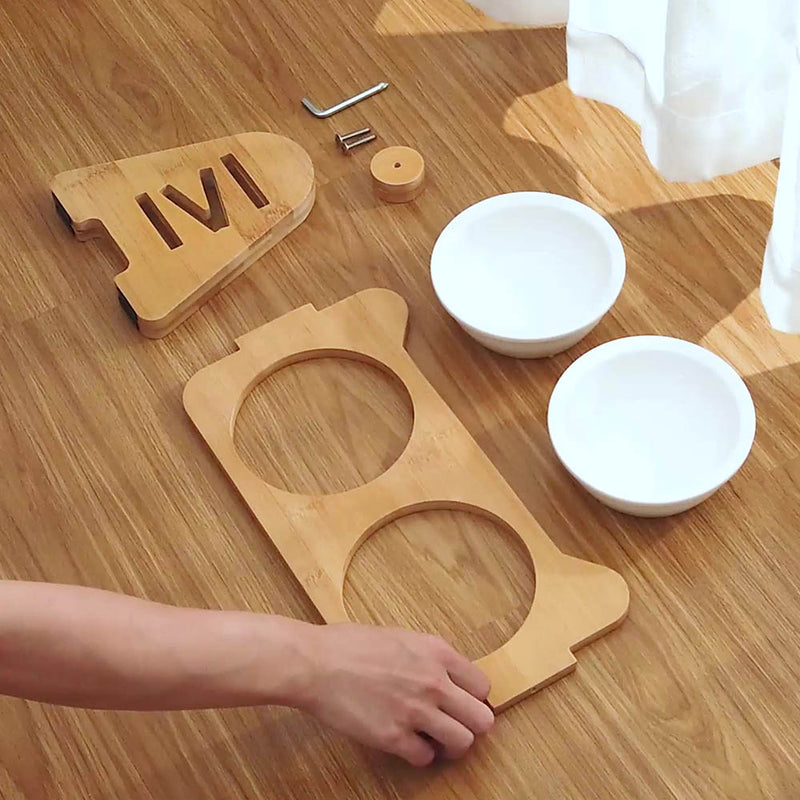 PAWS ASIA Factory New Raised 15 Degree Tilted Ceramic Adjustable Cat Bowl With Wood Stand