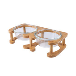 PAWS ASIA Factory Elevated Protect Cervical Clear Water Glass Dog Bowl With Bamboo Cat Feed