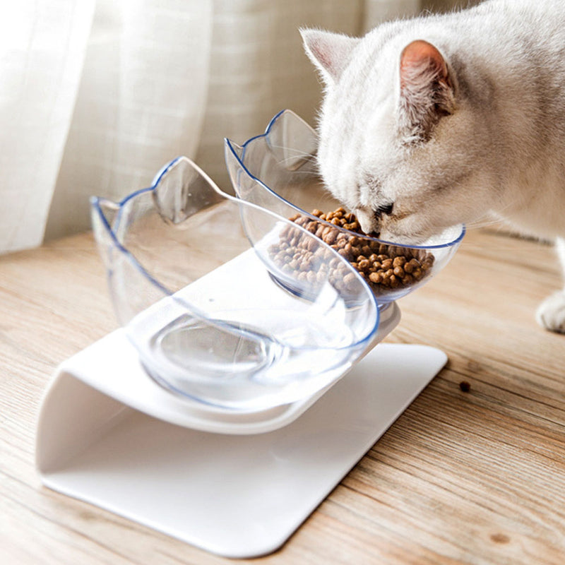 PAWS ASIA Factory New Design Cat Shape Transparent 15 Degree Tilted Raised Double Cat Bowl With Plastic Stand