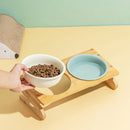 PAWS ASIA Suppliers Luxury Eco Friendly Bamboo Stand Tilted Raised Double White Ceramic Dog Bowl