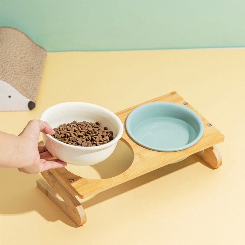 PAWS ASIA Suppliers Luxury Eco Friendly Bamboo Stand Tilted Raised Double White Ceramic Dog Bowl
