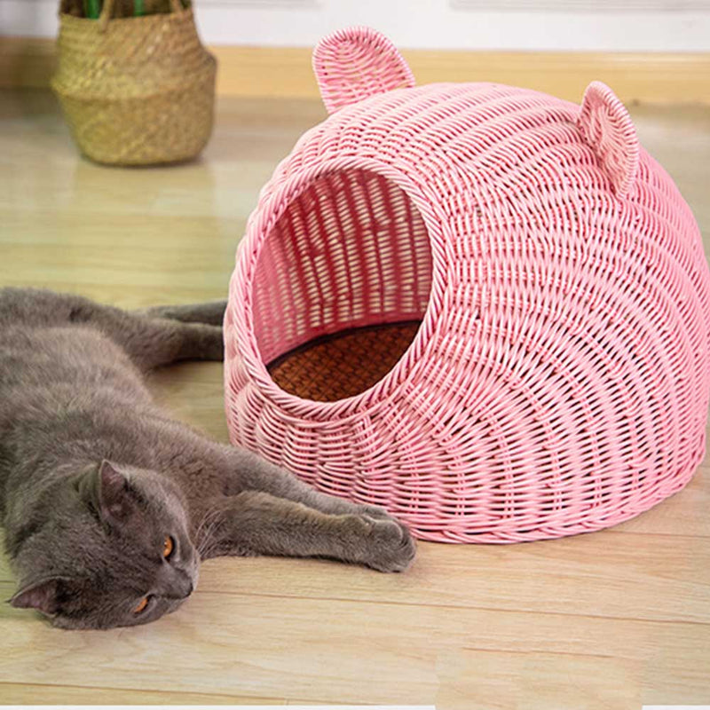 PAWS ASIA Factory Imitated Rattan Summer  Washable Handmade Woven Cat Bed Cave Dog Kennel With Cushion