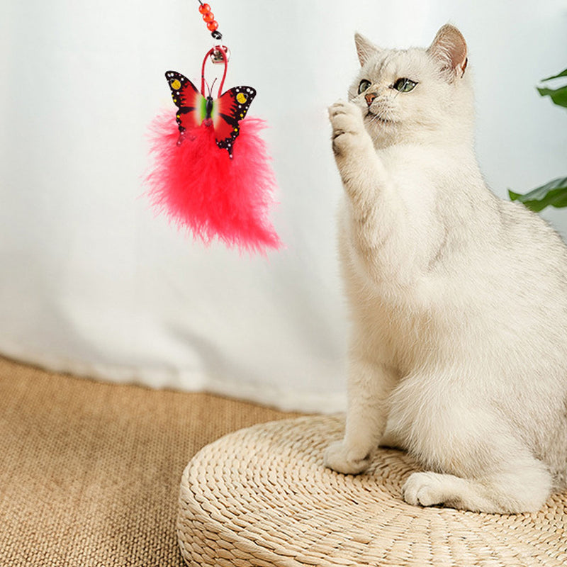 PAWS ASIA Factory Steel Wire Long Fluffy Interactive Butterfly Cat Toy Stick With Feather
