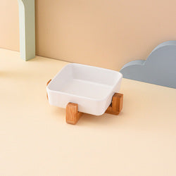 PAWS ASIA Factory Square Elevated Ceramic Pet Feeding Double Dog Cat Bowl With Wood Stand