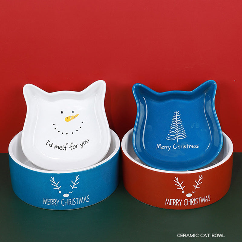 PAWS ASIA Wholesale Christmas Cute Round Ceramic Cat Bowl Dog Feed Food And Water