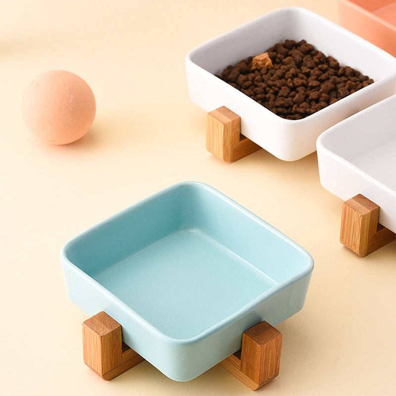 PAWS ASIA Factory Square Elevated Ceramic Pet Feeding Double Dog Cat Bowl With Wood Stand