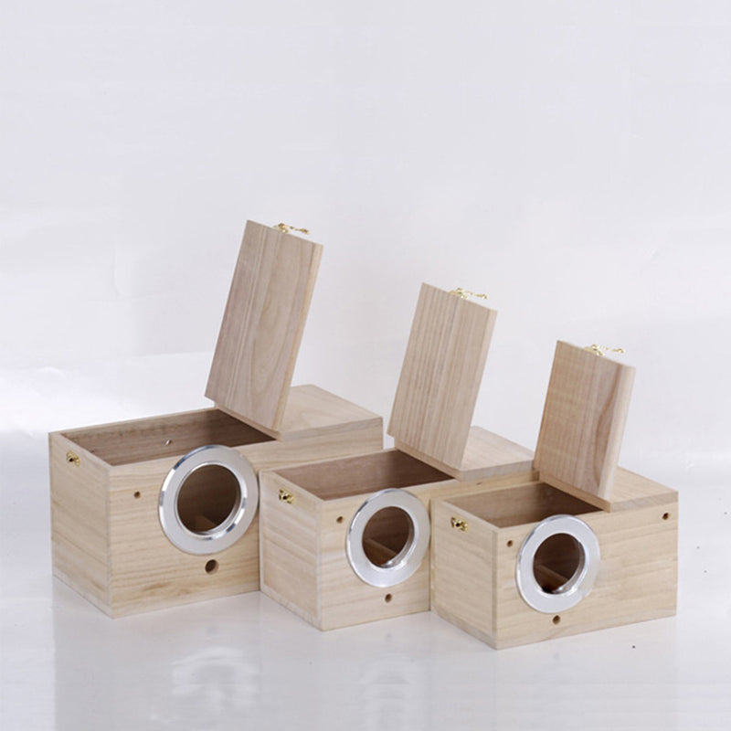 PAWS ASIA Wholesale Wooden Cheap Parrot Cage Accessories Breeding Love Bird Box Nest With Metal Protect Ring