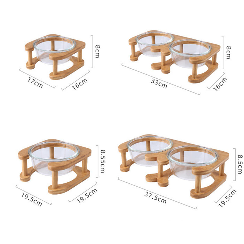 PAWS ASIA Factory Elevated Protect Cervical Clear Water Glass Dog Bowl With Bamboo Cat Feed