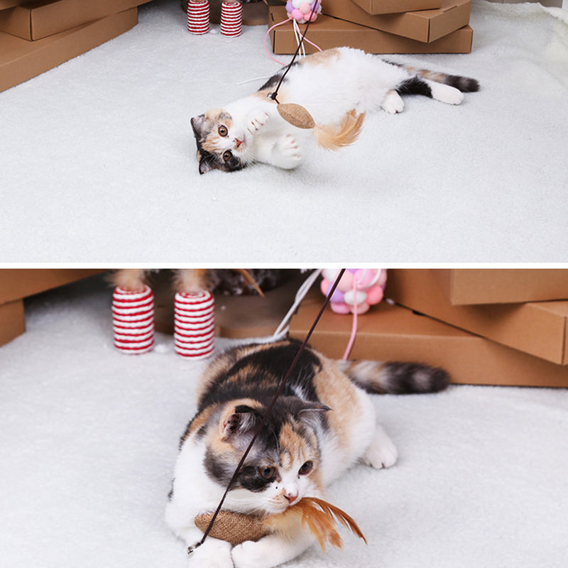 PAWS ASIA Factory Wood Interactive Teaser Feather Wand Mouse Cat Toy Stick With Bell