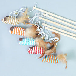 PAWS ASIA Factory Wood Interactive Teaser Feather Wand Mouse Cat Toy Stick With Bell