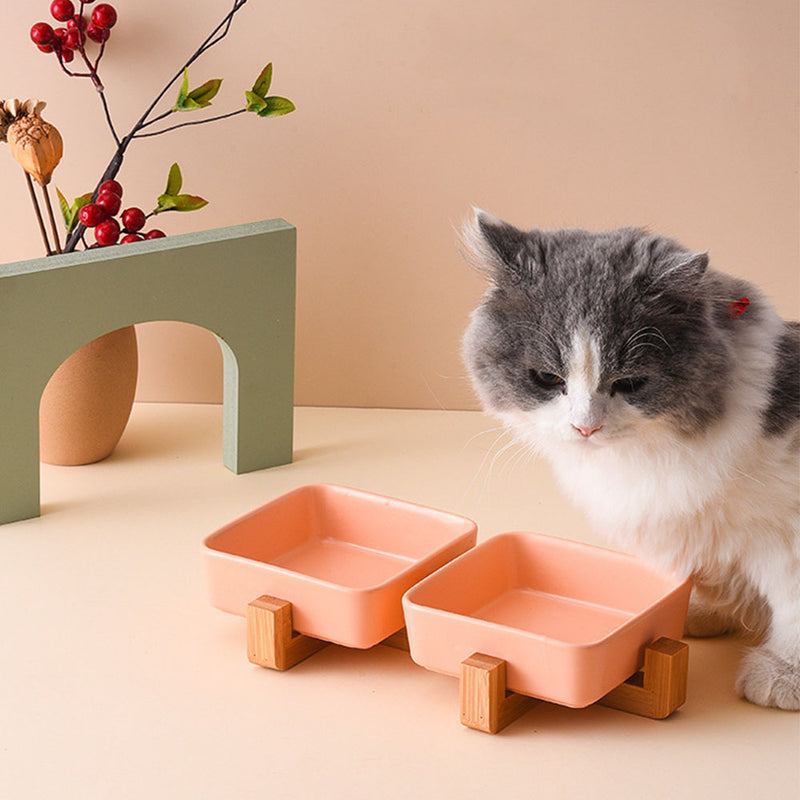 PAWS ASIA Factory Square Elevated Ceramic Pet Feeding Double Dog Cat Bowl With Wood Stand
