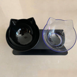PAWS ASIA Factory New Design Cat Shape Transparent 15 Degree Tilted Raised Double Cat Bowl With Plastic Stand