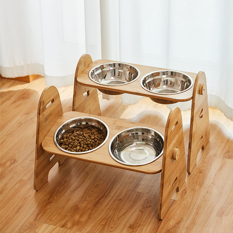 PAWS ASIA Manufacturers New Stainless Elevated Height Adjustable Dog Bowl With Bamboo Stand