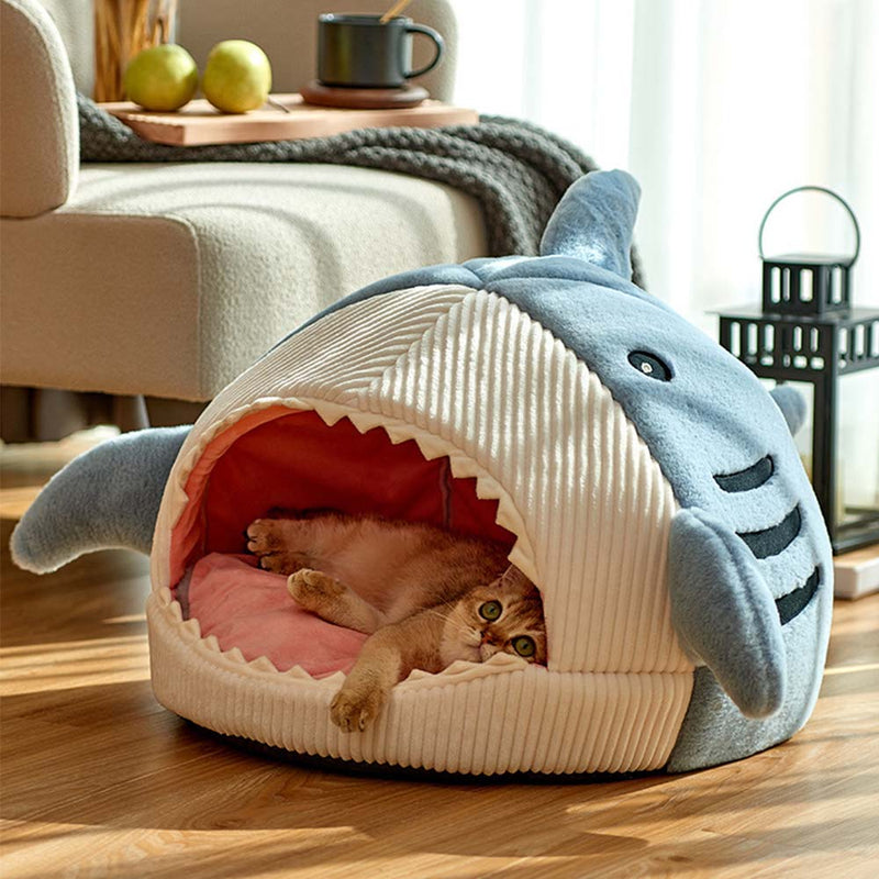 PAWS ASIA Suppliers Cotton Washable Semi Enclosed Soft Fluffy Cute Shark Cat Bed Dog