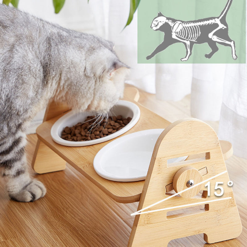 PAWS ASIA Factory New Raised 15 Degree Tilted Ceramic Adjustable Cat Bowl With Wood Stand