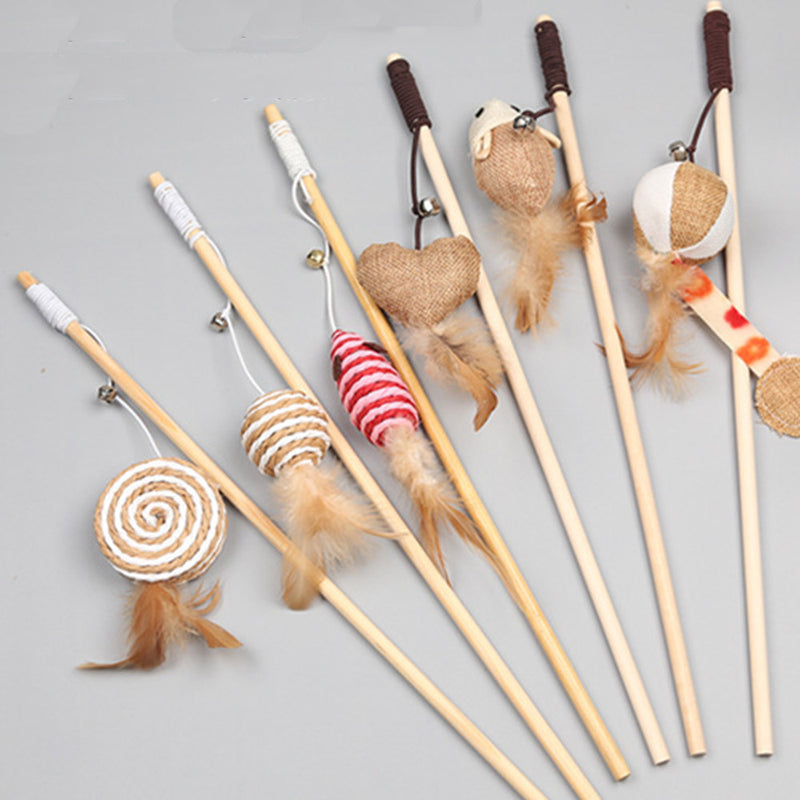 PAWS ASIA Factory Wood Interactive Teaser Feather Wand Mouse Cat Toy Stick With Bell
