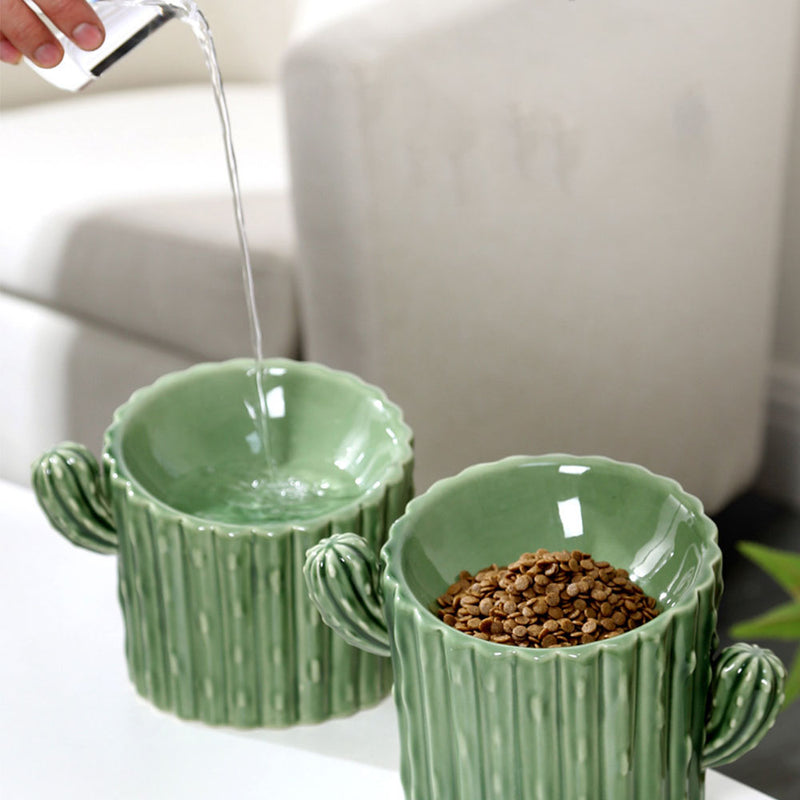 PAWS ASIA Suppliers Custom Ceramic Luxury Cactus Tall Non Slip Elevated Slanted Cat Bowl Dog