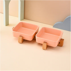 PAWS ASIA Factory Square Elevated Ceramic Pet Feeding Double Dog Cat Bowl With Wood Stand