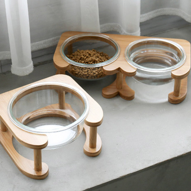 PAWS ASIA Factory Elevated Protect Cervical Clear Water Glass Dog Bowl With Bamboo Cat Feed