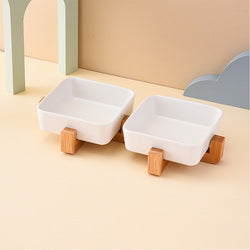 PAWS ASIA Factory Square Elevated Ceramic Pet Feeding Double Dog Cat Bowl With Wood Stand