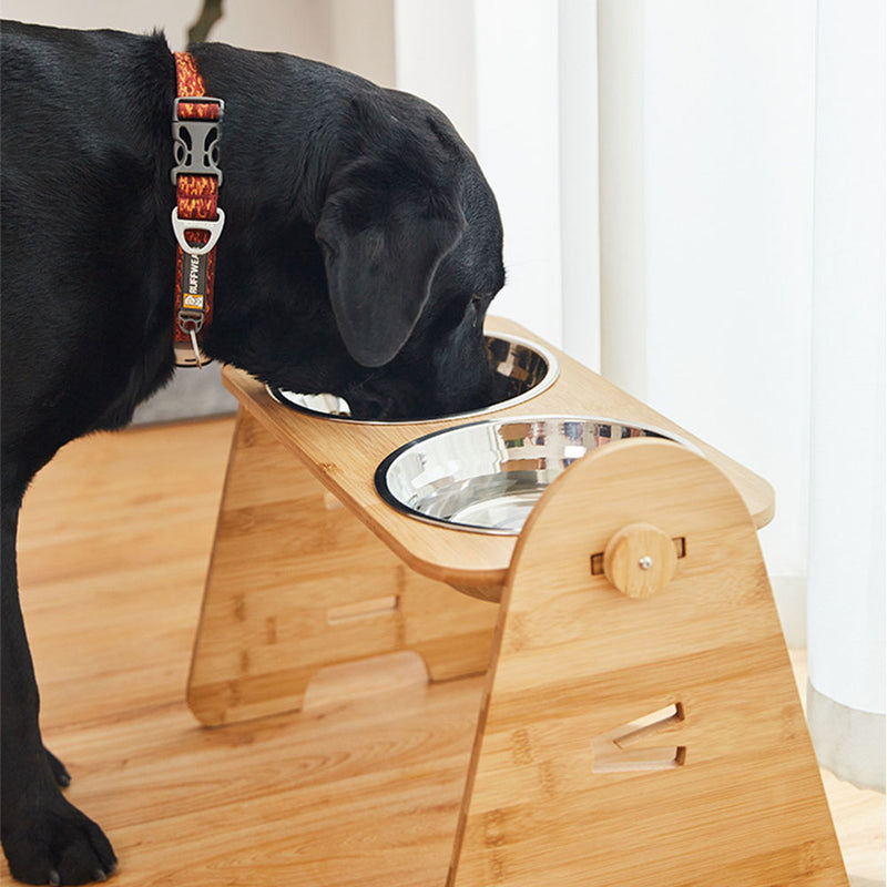 PAWS ASIA Manufacturers New Stainless Elevated Height Adjustable Dog Bowl With Bamboo Stand