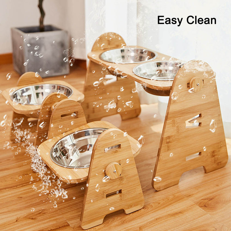 PAWS ASIA Manufacturers New Stainless Elevated Height Adjustable Dog Bowl With Bamboo Stand