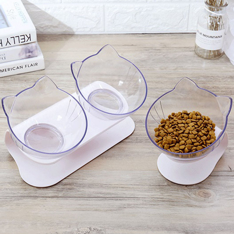 PAWS ASIA Suppliers Pet Transparent Raised 15 Degree Tilted Plastic Double Feeding Cat Bowl Dog