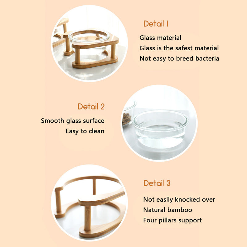 PAWS ASIA Factory Elevated Protect Cervical Clear Water Glass Dog Bowl With Bamboo Cat Feed
