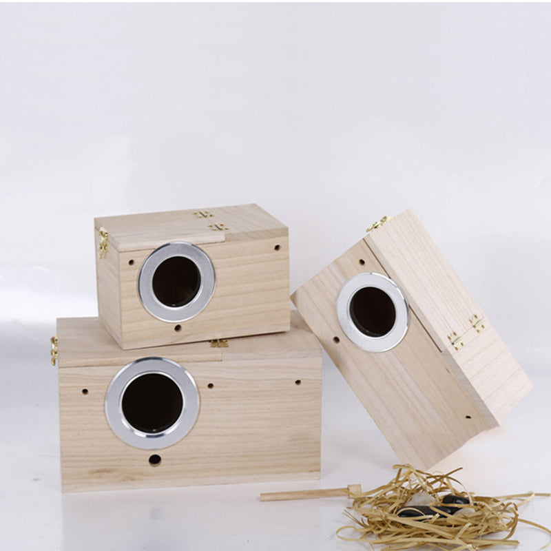 PAWS ASIA Wholesale Wooden Cheap Parrot Cage Accessories Breeding Love Bird Box Nest With Metal Protect Ring