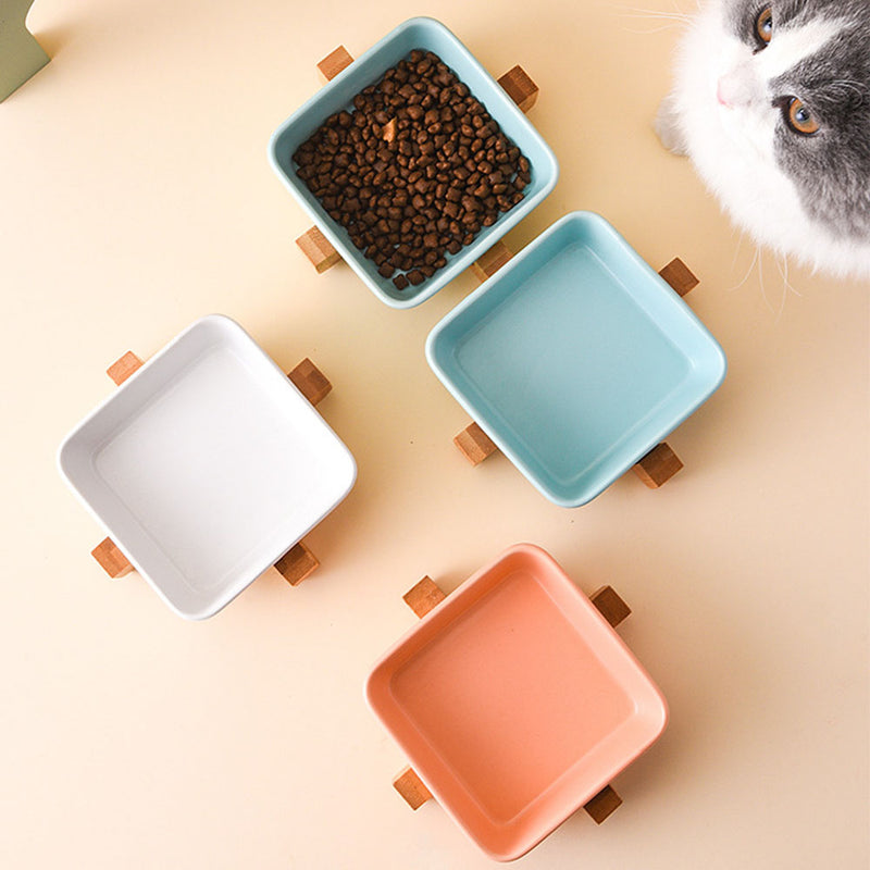 PAWS ASIA Factory Square Elevated Ceramic Pet Feeding Double Dog Cat Bowl With Wood Stand