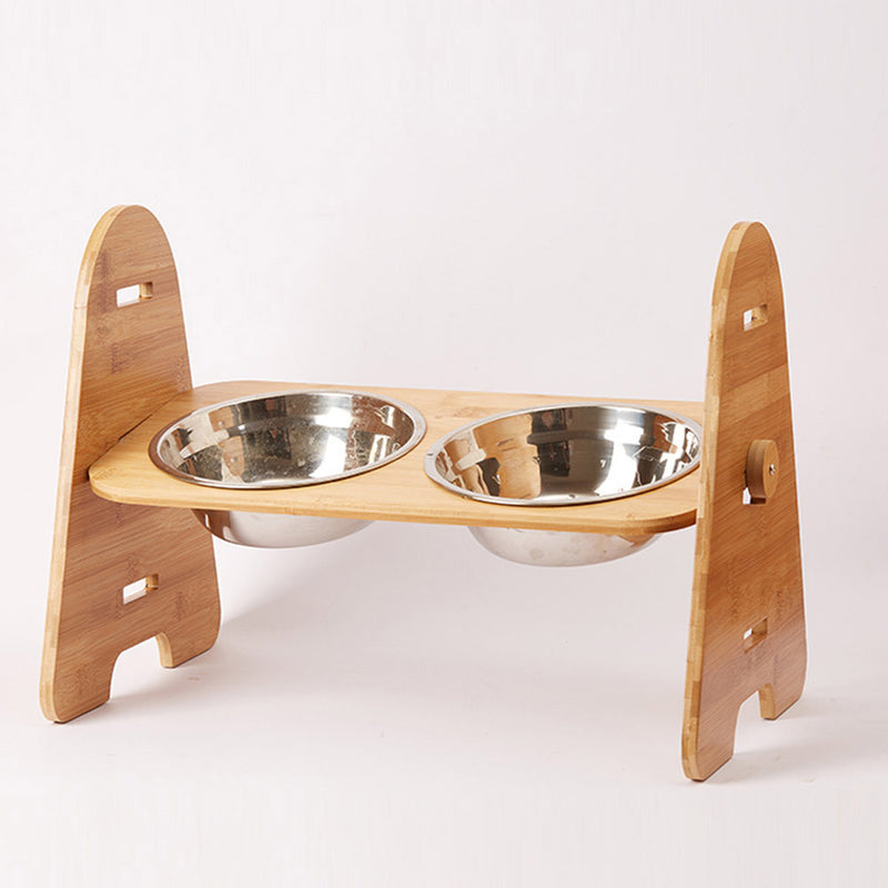 PAWS ASIA Manufacturers New Stainless Elevated Height Adjustable Dog Bowl With Bamboo Stand