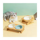 PAWS ASIA Suppliers Luxury Eco Friendly Bamboo Stand Tilted Raised Double White Ceramic Dog Bowl