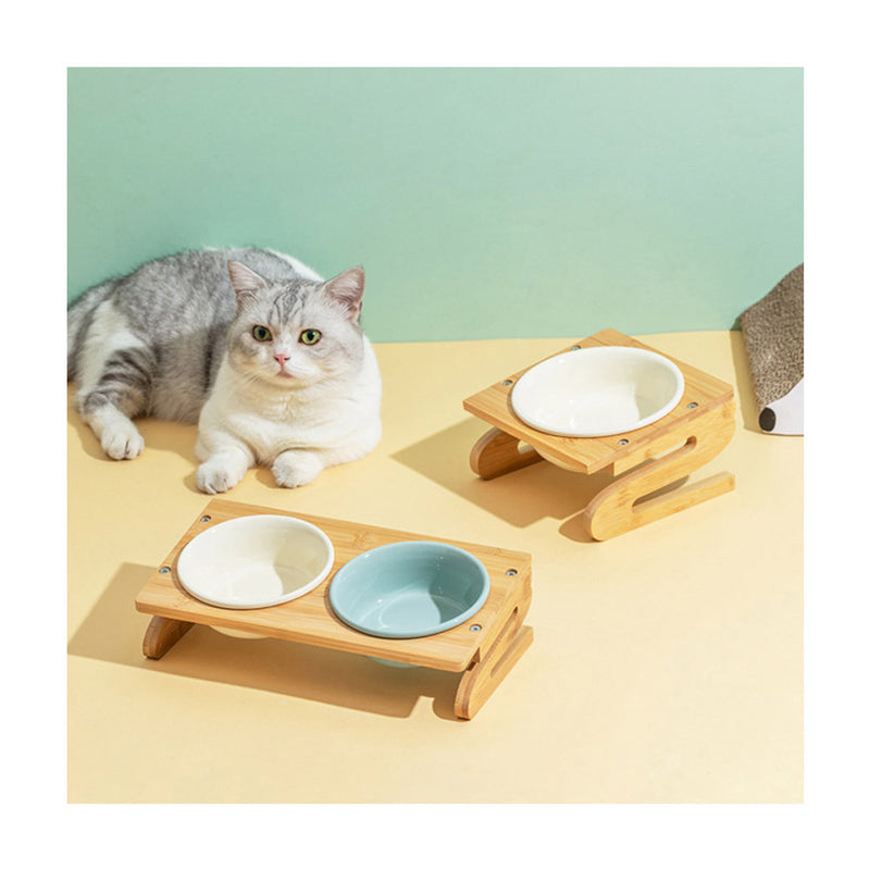 PAWS ASIA Suppliers Luxury Eco Friendly Bamboo Stand Tilted Raised Double White Ceramic Dog Bowl