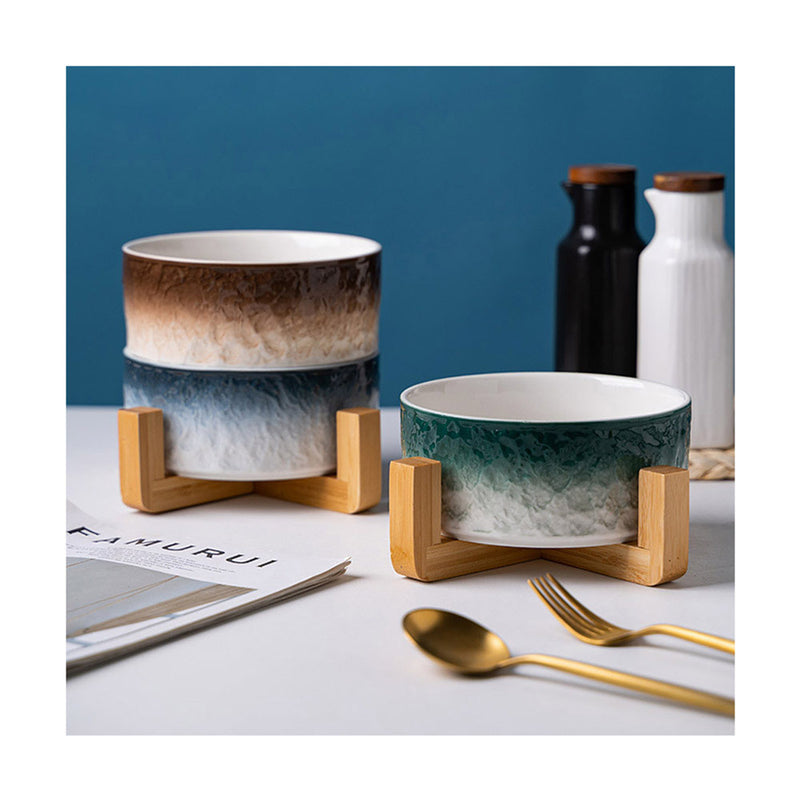 PAWS ASIA Suppliers Wholesale Custom Modern Unique Designed Luxury Ceramic Elevated Cat Bowl Dog With Wood Stand
