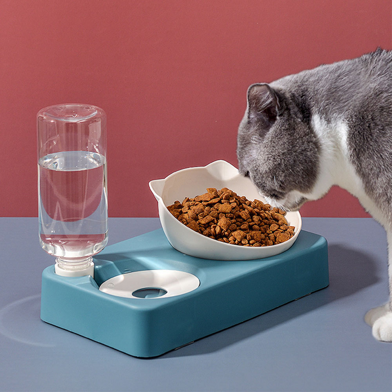 PAWS ASIA Manufacturers Adjustable 15 Degree Tilted 2 In 1 Feeding Bottle Cat Shape Bowl